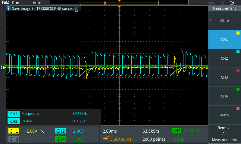 Crank signal frequency on the oscilloscope, 1647 Hz.