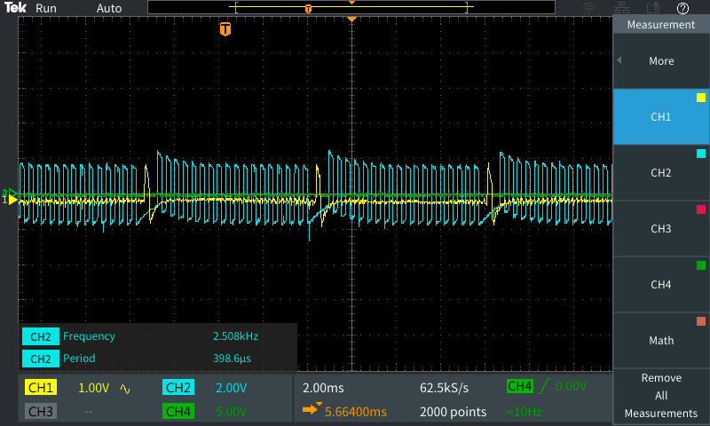 Crank signal frequency on the oscilloscope, 2508 Hz.