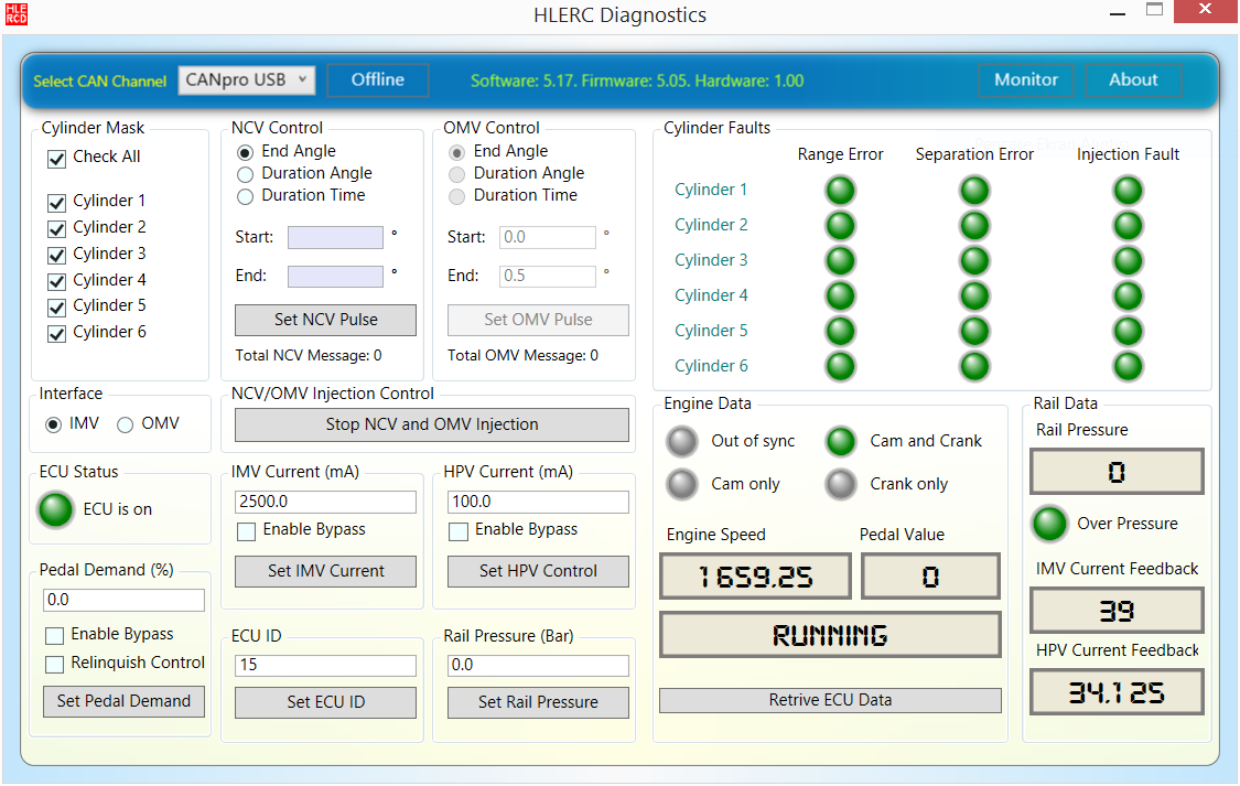 Screenshot of HLERC program, at 1659 RPM.