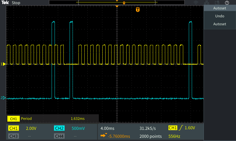 Crank and cam signals, zoomed at the last two teeth.