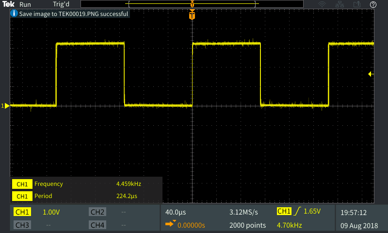 The signal frequency measured by the oscilloscope, 4459 Hz.