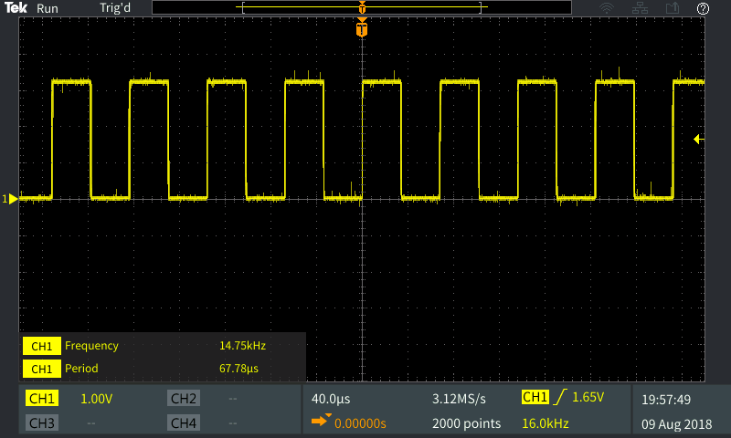 The signal frequency measured by the oscilloscope, 14750 Hz.