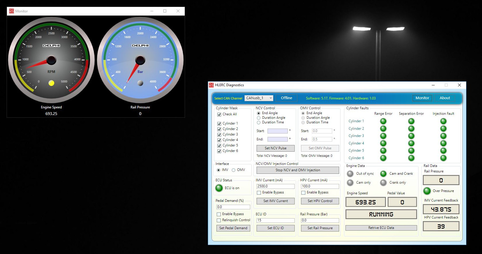 Screenshot of the HLERC program, reading both crank/cam signals and 693 RPM.