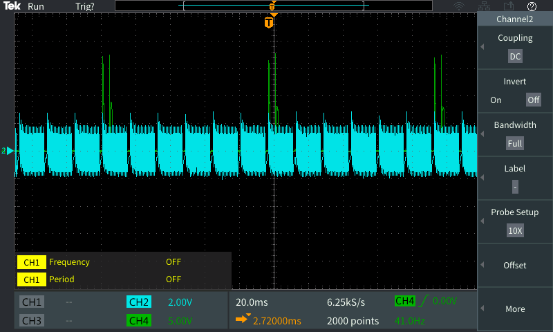 The injector trigger pulses sent by the ECU and fed crank signal, whole period.