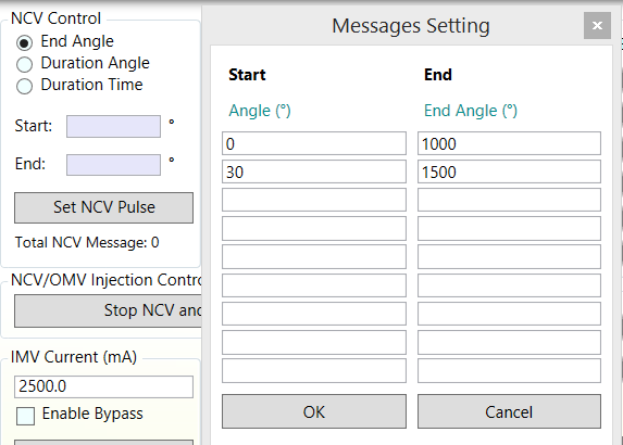 Entering NCV pulse duration and angle values.