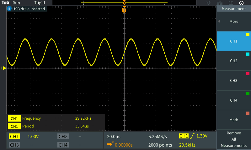 The output observed on the oscilloscope with pot at a medium value.